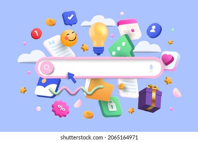 Minimal abstract background for online shopping nd e-commerce concept. Search bar surrounded with floating elements on blue background. 3d vector illustration