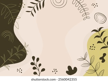 minimal abstract background organic shapes in green earthy tones and line art botanical elements