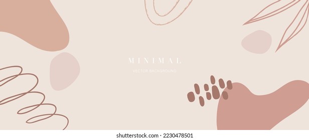 Ilustración mínima abstracta del vector de fondo. Tono de tierra suave color pastel forma orgánica, patrón de puntos, líneas de curva, rama de hoja. Diseño para arte en la pared, impresión, afiche, decoración en casa, cubierta, papel pintado.