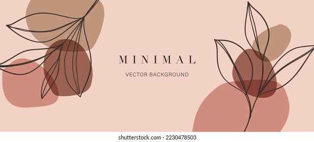 Minimal abstract background vector illustration. Soft earth tone pastel color organic shape with botanical leaf branch line art. Design for wall art, print, poster, home decor, cover, wallpaper.
