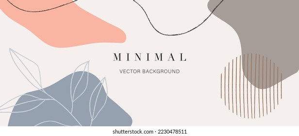 Minimal abstract background vector illustration. Soft earth tone pastel color organic shape, circle line art pattern, leaf branch. Design for wall art, print, poster, home decor, cover, wallpaper.
