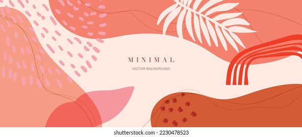 Minimal abstract background vector illustration. Earth tone pastel color organic shape, dot pattern, curve lines, leaf branch. Design for wall art, print, poster, home decor, cover, wallpaper.