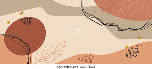 Minimal abstract background vector illustration. Earth tone pastel color organic shape, gold, dot pattern, curve lines, leaf branch. Design for wall art, print, poster, home decor, cover, wallpaper.