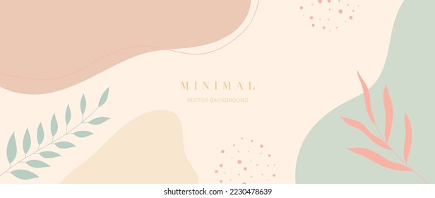 Minimal abstract background vector illustration. Soft earth tone pastel color organic shape, dot pattern, curve lines, leaf branch. Design for wall art, print, poster, home decor, cover, wallpaper.