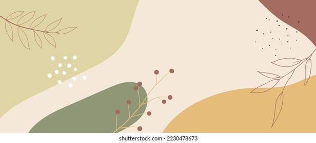 Minimal abstract background vector illustration. Soft earth tone pastel color organic shape, dot pattern, leaf branch line art. Design for wall art, print, poster, home decor, cover, wallpaper.