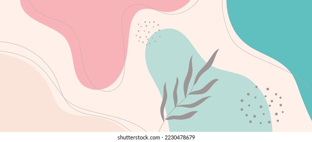 Minimal abstract background vector illustration. Soft earth tone pastel color organic shape, dot pattern, curve lines, leaf branch. Design for wall art, print, poster, home decor, cover, wallpaper.