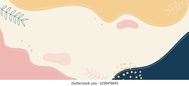 Minimal abstract background vector illustration. Soft earth tone pastel color organic shape, dot pattern, curve lines, leaf branch. Design for wall art, print, poster, home decor, cover, wallpaper.