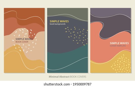 Minimal abstract backgrounds with simple waves shapes colored in orange, beige, yellow, purple, green and blue tones. Editable book cover templates set suitable for postcards, ads and social media.