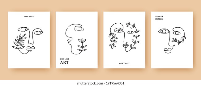 Fondos de resumen mínimos con dibujos de moda de una línea caras ilustraciones vectoriales, cubiertas de plantillas definidas. Afiche moderno. Retratos de arte lineal. Diseño femenino de moda estilo minimalista.
