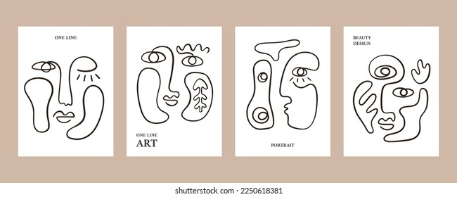 Minimal Abstract backgrounds with Trendy One line drawing faces vector illustrations, covers templates set. Modern poster. Linear art portraits. Fashion female design minimalistic style.