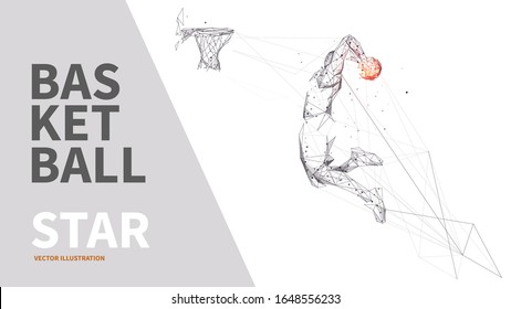 Minimal abstract basketball player in motion of slam dunk. Young man is jumping up to basket. Low poly wireframe digital vector illustration. Sport print or concept. Polygons, lines, connected dots.