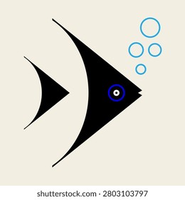 Minimal Abstract Black Angelfish with Blue Eye and Bubbles, Modern Geometric Marine Life Vector Illustration for Ocean, Aquarium and Coastal Design
