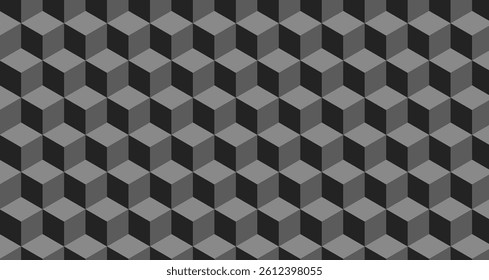 Minimal abstract black and gray background with 3D cubes, hexagon mosaic tiles, and seamless geometric pattern. Stylish, modern, and perfect for digital or tech-themed designs