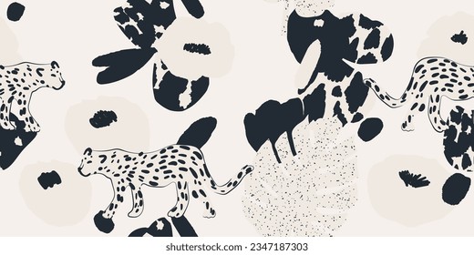 Minimal abstract botanical print with leopards. Cute contemporary seamless pattern. Hand drawn unique print.