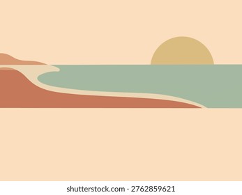 Minimal abstract coastal landscape with soft shapes, ocean, sand, and sun in warm tones. Ideal as a modern background for travel, summer, and lifestyle design projects.