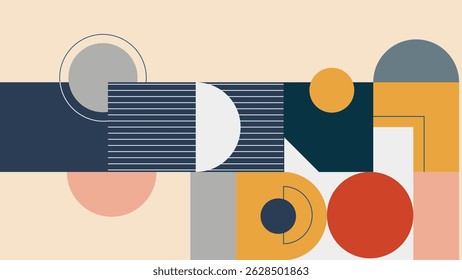 Minimal abstract composition of colorful circles, half-moons, and line accents on a dark teal background. Retro-modern visual concept.