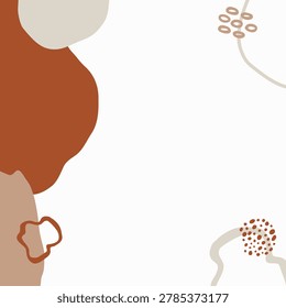 Minimal abstract composition featuring large organic shapes in brown, beige, and cream tones arranged along the left and bottom areas with small dotted clusters and curving lines on a pale background.