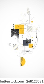 Minimal abstract composition with wireframe mountains, dots, and lines.