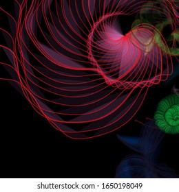 Minimal abstract concept. Futuristic backdrop. Colorful background with multicolored dynamic elements. Wireframe structure formed by the interweaving of smoothly curved lines.