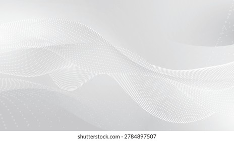 Minimal abstract corporate background with flowing blue particle wave and digital mesh structure. Modern technology template for business, data visualization and innovation concepts.