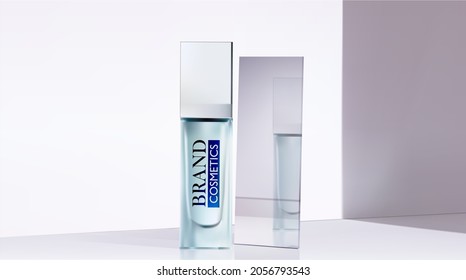 Minimal abstract cosmetics product with mirror. Wall background . Realistic vector illustration . 