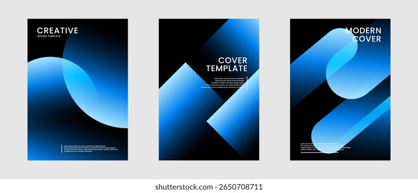 Conjunto de cubiertas abstractas mínimas. Paquete de fondo geométrico azul con decoración de estilos brillantes en el espacio oscuro. Concepto de colores vibrantes del gradiente del elemento de Diseño gráfico moderno para el Web, el arte, la tarjeta o el folleto