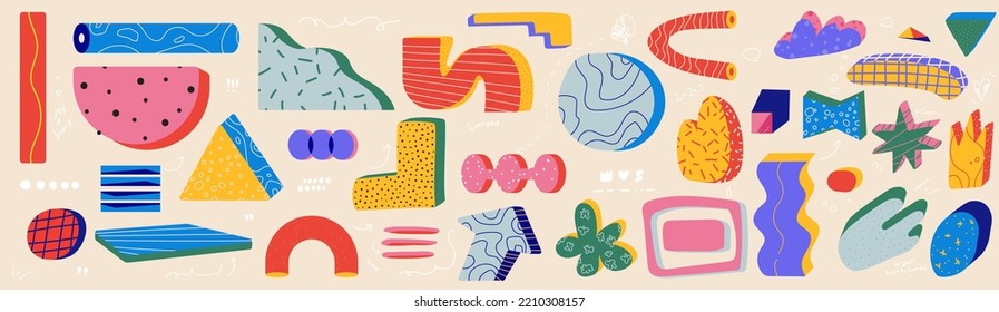 The minimal abstract creative shape. Retro 80's vector elements collection. Distort forms  with patterns, risograph textures and riso noise and sketch random set. 