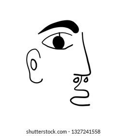 Minimal abstract cubism face. Art in matisse style. Linear abstract human face. Minimalist avatar of man or woman. Continuous line drawing. Design for sticker, print on fabric, stationery, poster
