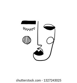 Minimal abstract cubism face. Art in matisse style. Linear abstract human face. Minimalist avatar of man or woman. Continuous line drawing. Design for sticker, print on fabric, stationery, poster

