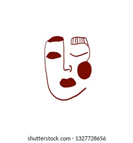 Minimal abstract cubism face. Art in matisse style. Linear abstract human face. Minimalist avatar of man or woman. Continuous line drawing. Design for sticker, print on fabric, stationery, poster
