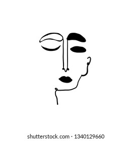 Minimal abstract cubism face. Art in matisse style. Linear abstract human face. Minimalist avatar of man or woman. Continuous line drawing. Design for sticker, print on fabric, stationery, poster

