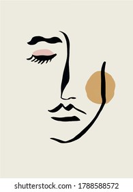 Minimal abstract cubism face. Linear abstract face. Minimalist avatar of man or woman. Continuous line drawing. Design for home decor. 
