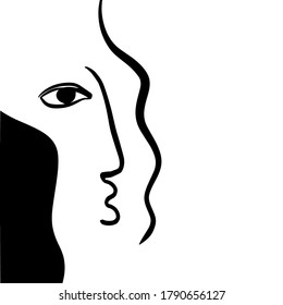 Minimal abstract cubism face. Linear abstract face. Minimalist avatar of man or woman. Continuous line drawing. Design for home decor. 