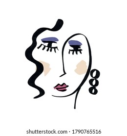 Minimal abstract cubism face. Linear abstract face. Minimalist avatar of man or woman. Continuous line drawing. Design for home decor. 