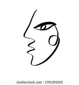 Minimal abstract cubism face. Linear abstract face. Minimalist avatar of man or woman. Continuous line drawing. Design for home decor. 