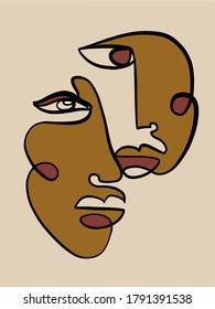 Minimal abstract cubism face. Linear abstract face. Minimalist avatar of man or woman. Continuous line drawing. Design for home decor. 