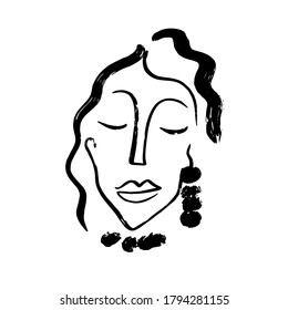 Minimal abstract cubism face. Linear abstract face. Minimalist avatar of man or woman. Continuous line drawing. Design for home decor. 