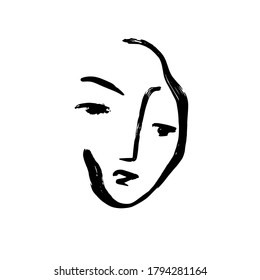 Minimal abstract cubism face. Linear abstract face. Minimalist avatar of man or woman. Continuous line drawing. Design for home decor. 