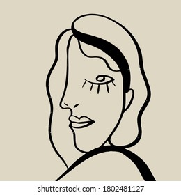 Minimal abstract cubism face. Linear abstract face. Minimalist avatar of man or woman. Continuous line drawing. Design for home decor. 