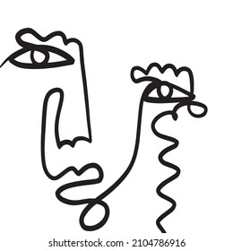 Minimal abstract cubism face. Linear abstract face. Minimalist avatar of man or woman. Continuous line drawing. Design for home decor. 