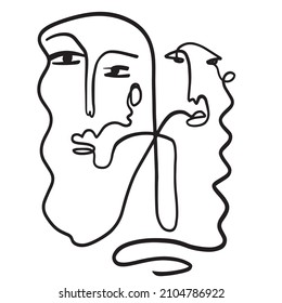 Minimal abstract cubism face. Linear abstract face. Minimalist avatar of man or woman. Continuous line drawing. Design for home decor. 