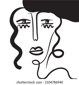 Minimal abstract cubism face. Linear abstract face. Minimalist avatar of man or woman. Continuous line drawing. Design for home decor. 
