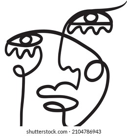 Minimal abstract cubism face. Linear abstract face. Minimalist avatar of man or woman. Continuous line drawing. Design for home decor. 