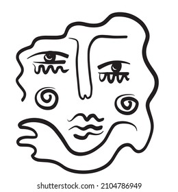 Minimal abstract cubism face. Linear abstract face. Minimalist avatar of man or woman. Continuous line drawing. Design for home decor. 