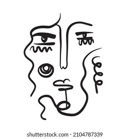 Minimal abstract cubism face. Linear abstract face. Minimalist avatar of man or woman. Continuous line drawing. Design for home decor. 