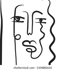 Minimal abstract cubism face. Linear abstract face. Minimalist avatar of man or woman. Continuous line drawing. Design for home decor. 