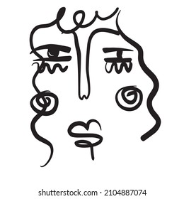 Minimal abstract cubism face. Linear abstract face. Minimalist avatar of man or woman. Continuous line drawing. Design for home decor. 