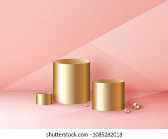 Minimal abstract cylinder shape and golden sphere, wall scene. Platform, podium to advertise various objects. Vector illustration in pastel colors