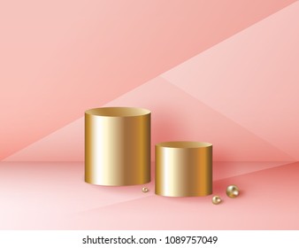 Minimal abstract cylinder shape and golden sphere, wall scene. Platform, podium to advertise various objects. Vector illustration in pastel colors