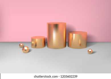Minimal abstract cylinder shape and golden sphere, wall scene. Platform, podium to advertise various objects. Vector illustration in pastel colors